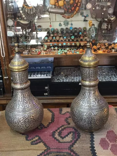 Antique Islamic  Mamluk Brass With Silver Inlaid  Inlay Arabic Vase Pair