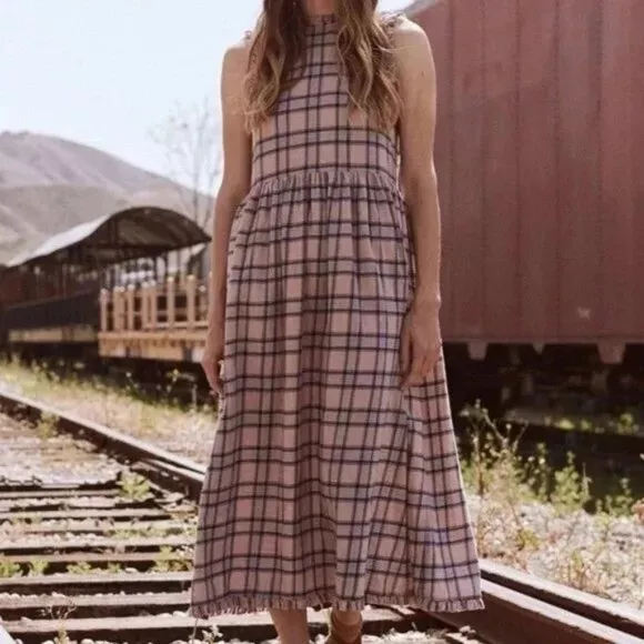 The Great. Sleeveless Ruffle Hem Button Back Dress in Pink Plaid Size 1 (Small)