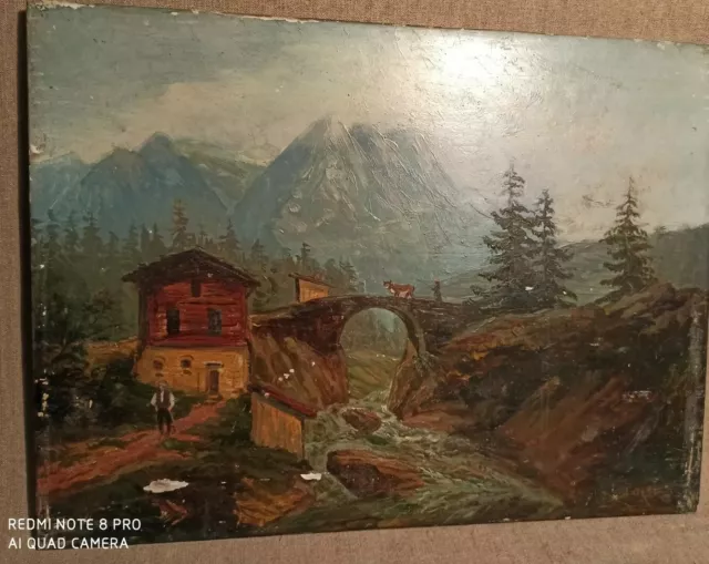 Dipinto Olio su tavola primi 900 paesaggio montano -painted italy