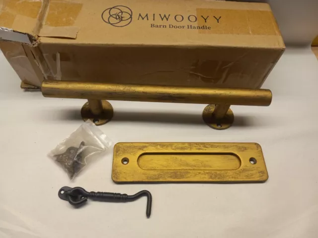 MIWOOYY  Distressed Gold Barn Door Handle W/Hook Lock Latch Set, 12” - NEW