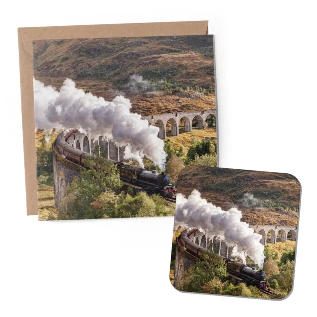 1 x Greeting Card & Coaster Set - Steam Train Viaduct Old Birthday Gift #16235