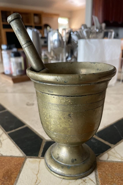 Mid-19th Century French Patinated Bronze Mortar with Original Pestle Antique