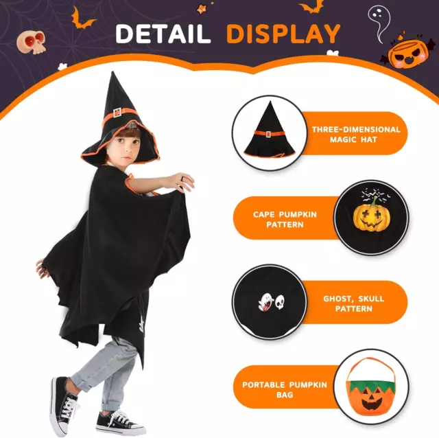 Costume Di Halloween Bambina Mantello Da Strega Bambino Con Cappello Borsa Di Ca 3