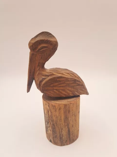 Hand Carved Wood Pelican Bird Figurine on Wood Base  6" Unique Detailed EUC