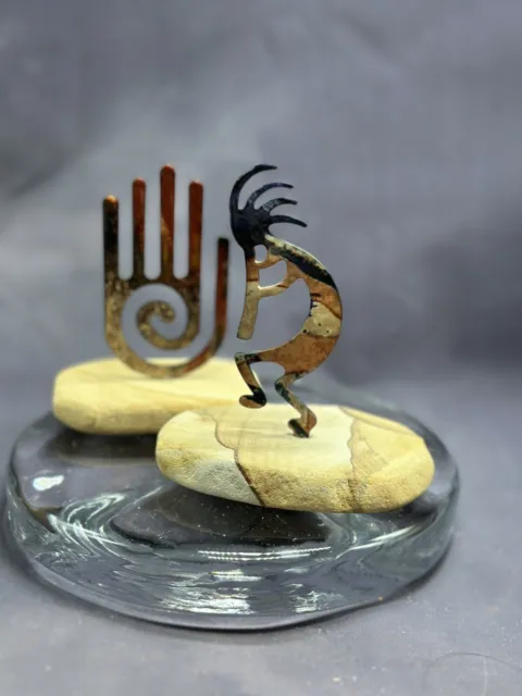 Hamsa Hand Desk Ornament Lazart Metal w Enamel on Natural Stone Base