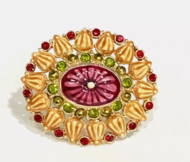 Vintage Liz Claiborne Olivine & Red Rhinestone Multicolor Enamel Brooch/Pin