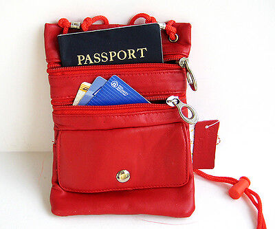 Red Leather Passport Neck Strap Holder Zip Bag Pouch Travel String Purse Wallet