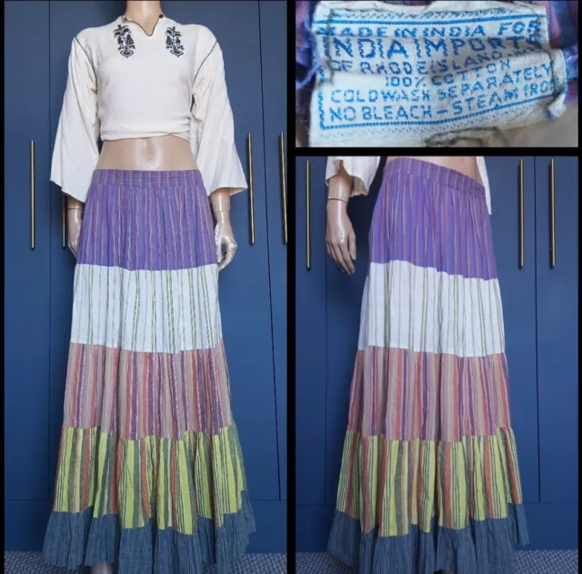 70s Vintage India Imports Indian Cotton Patchwork Stripe Maxi Skirt
