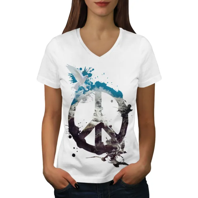 Wellcoda Peace Pigeon Cool Womens V-Neck T-shirt, Bird Graphic Design Tee