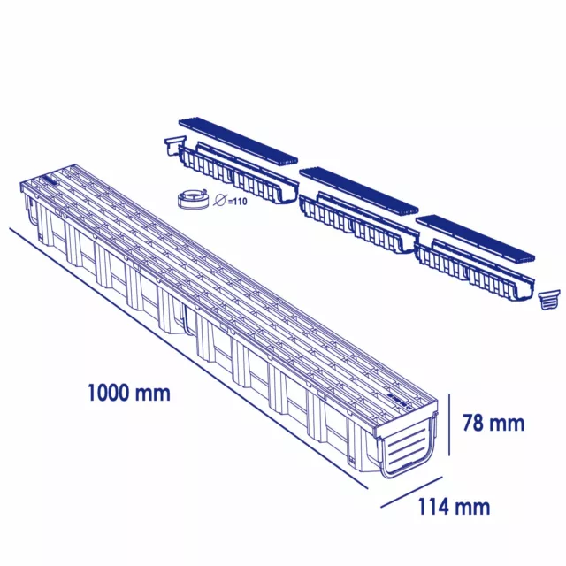 Entwässerungsrinne Schwarz Kunststoffrost PP Garagenset 3 Meter SET 1000x78(x3) 2