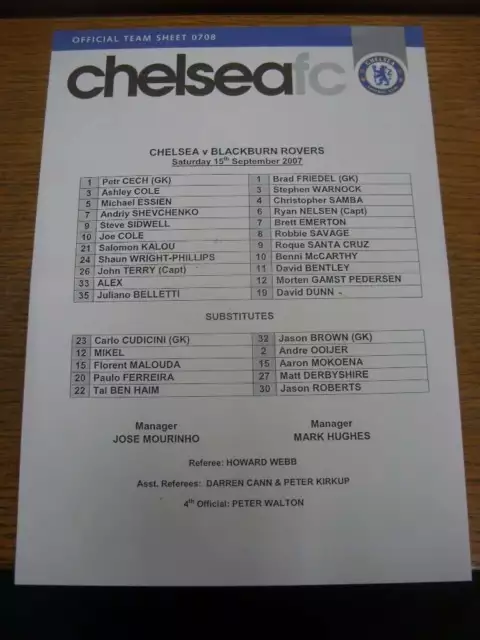 15/09/2007 Colour Teamsheet: Chelsea v Blackburn Rovers (folded)