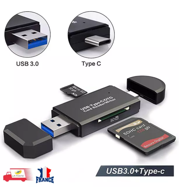 Lecteur de Carte Mémoire Type C + USB 3.0, SD / Micro SD / TF OTG adaptateur