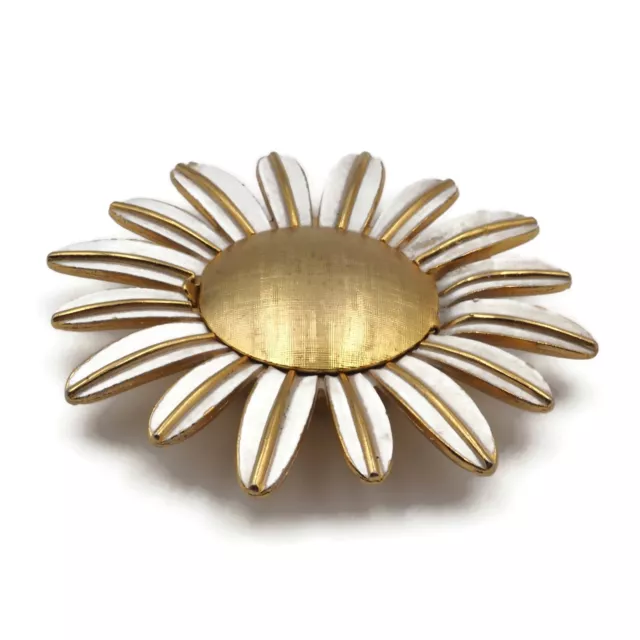 Vintage Avon Large Gold Tone White Enamel Solid Perfume Daisy Flower Brooch 2