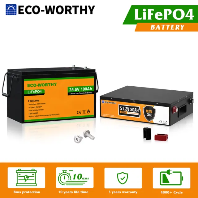ECO-WORTHY 24V 48V 50Ah 100Ah LiFePO4 Lithium Battery Solar System RV Golf Cart