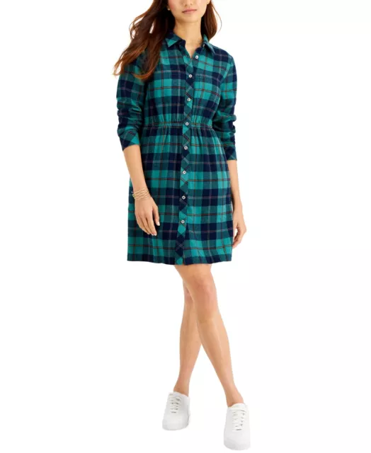 MSRP $60 Style & Co Cotton Plaid Shirtdress Green Size Medium