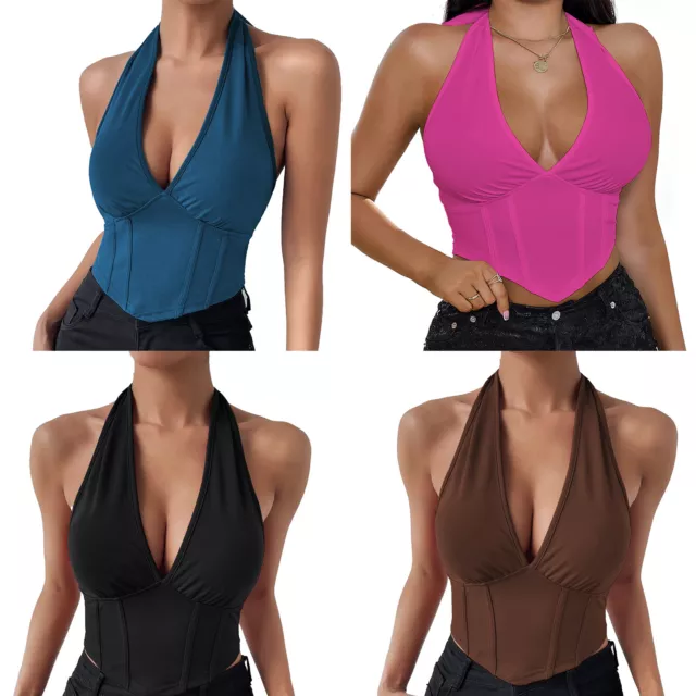 Women's Deep V Neck Sleeveless Crop Tops Sexy Halter Lace-Up Backless Tank Tops.