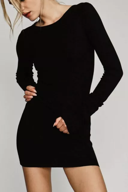 ENZA COSTA Textured Knit Long Sleeve Mini Dress Black S $195 B1