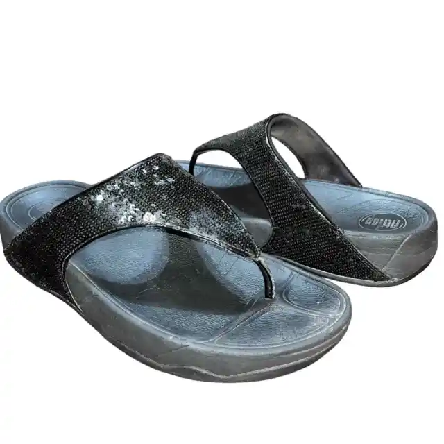FitFlop Black Sequined Thong Sandals | Size 7