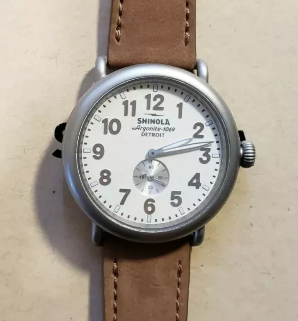 Shinola Runwell Watch with 47mm Off White Tone Face &  Brown Leather Band.