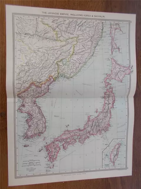 Antique c1904 Colour Map of THE JAPANESE EMPIRE KOREA & SAKHALIN HARMSWORTH