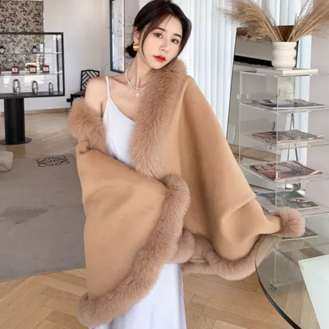 Women Fur Cape Coats Wool Shawl Real Fox Fur Trim Around Cloak Fur Poncho Wraps