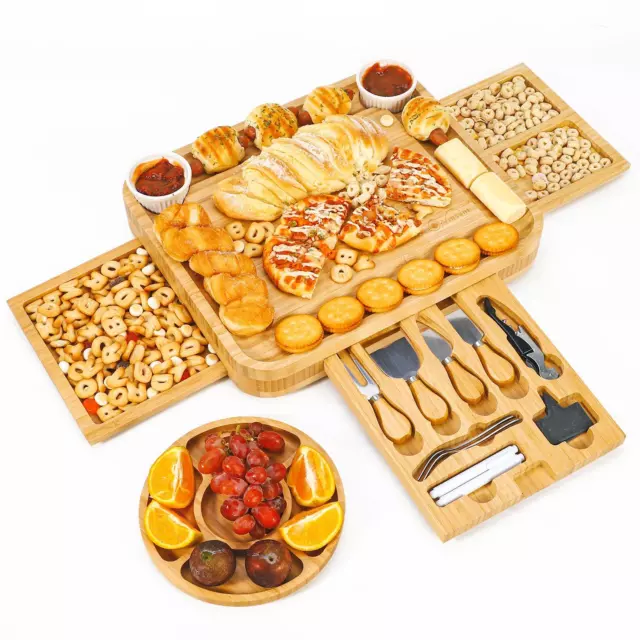 Vinsani Bamboo Cheese Board Platter Set Wooden Charcuterie Serving Platter Tray