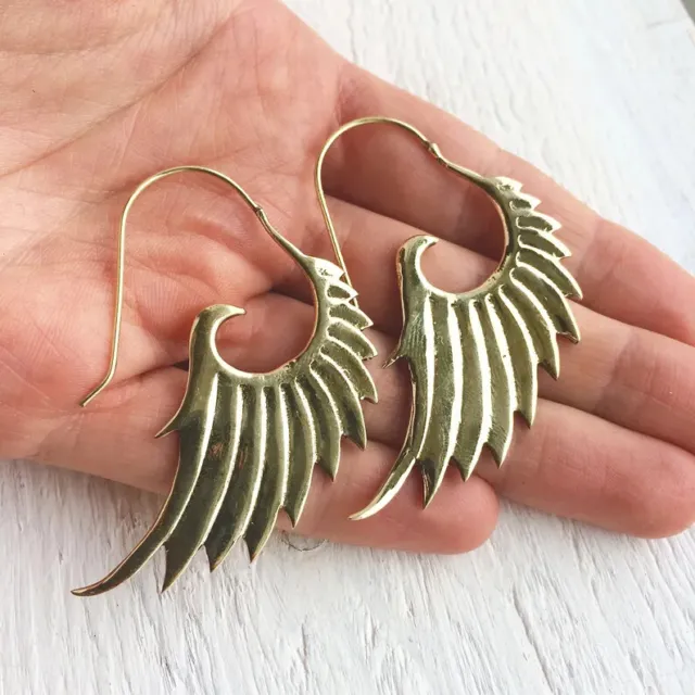 Large Gold Plated Vintage Afghani Brass Hoops Boho Tribal Mandala Wings Earrings
