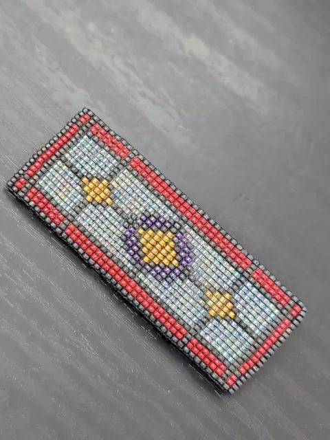 Vintage Beautiful Multi Color  stained glass window seed bead hand made pin 2.5"