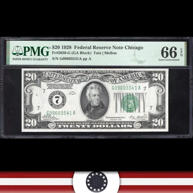 1928 $20 CHICAGO NUMERICAL FRN Federal Reserve Note PMG 66 EPQ Fr 2050-G 03541