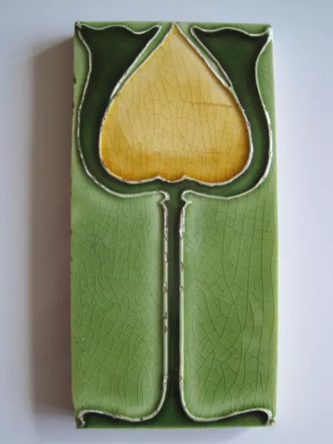 Antique Moulded Majolica Glazed 6" X 3"  Art Nouveau Tile  - Green & Yellow