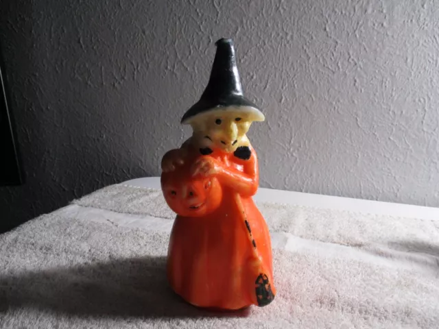 8" Large Vintage Gurley Novelty Halloween Witch Holding Pumpkin And Broom Candle