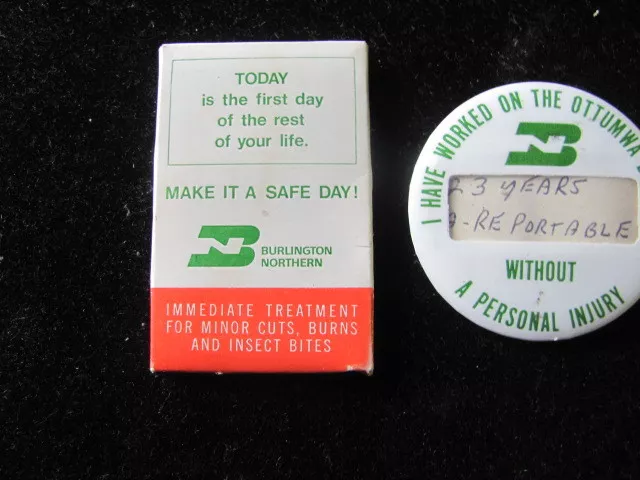 Vintage Burlington Northern Railroad Pocket First Aid Kit And Safety Pinback