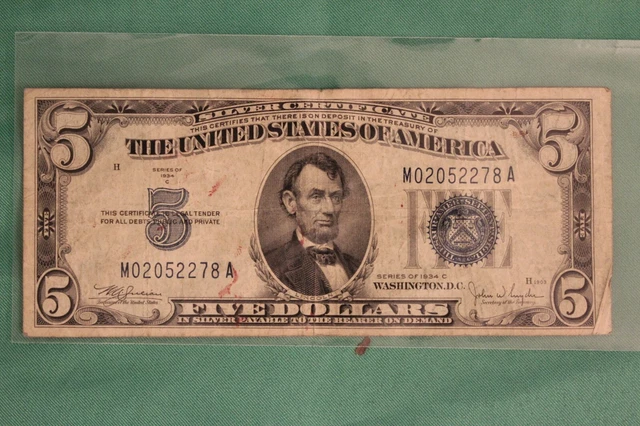 1934-C Five Dollar Silver Certificate $5 Bill Blue Seal Note Circulated