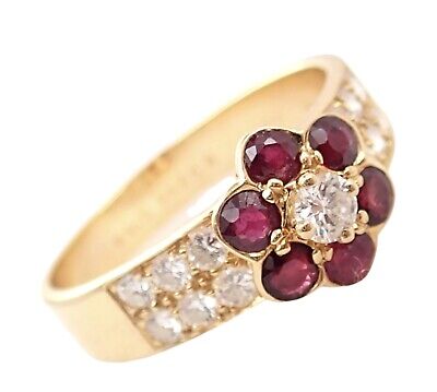 Authentic! Van Cleef & Arpels 18k Yellow Gold Ruby Diamond Fleurette Ring sz 8