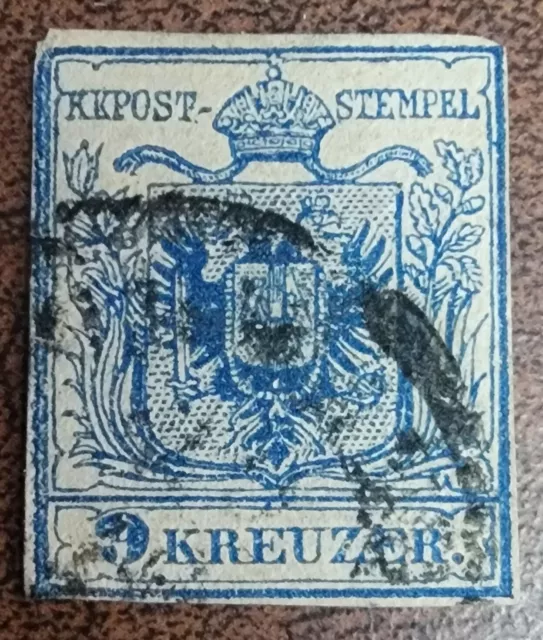 Vintage 1850 Austria Imperial Coat of Arms 9 Kreuzer Blue Stamp Used