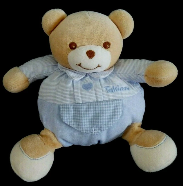 *. DOUDOU PELUCHE BOULE TAKINOU OURS BLEU RAYE VICHY COEUR 19cm - ETAT NEUF*