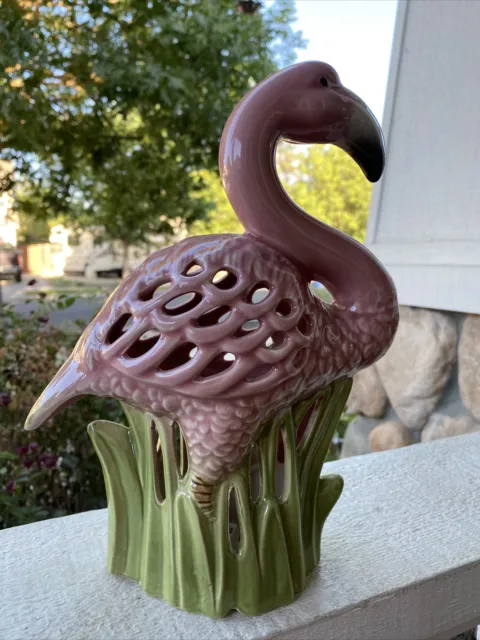 Mid-Century Pink Flamingo Ceramic Porcelain Battery Table Light Pink Bird 10”