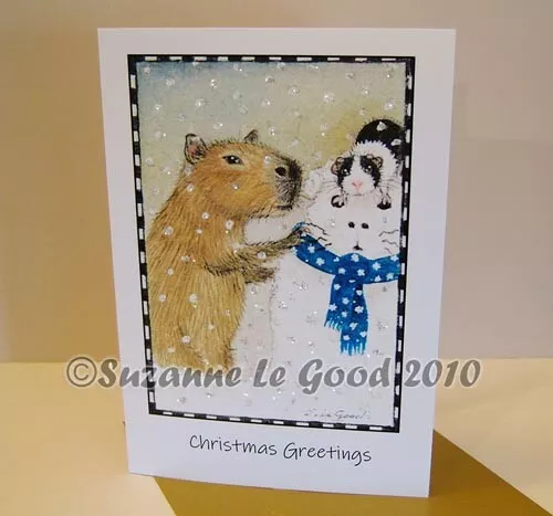 Guinea Pig Capybara art Christmas card glittery from painting by Suzanne Le Good