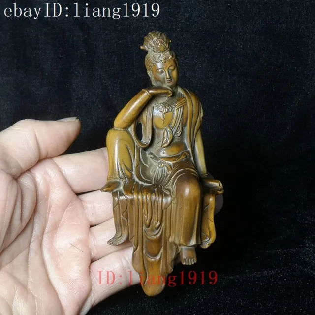 H 5 inch Old Chinese Boxwood Hand Carved Avalokitesvara Kwan-yin Buddha Statue