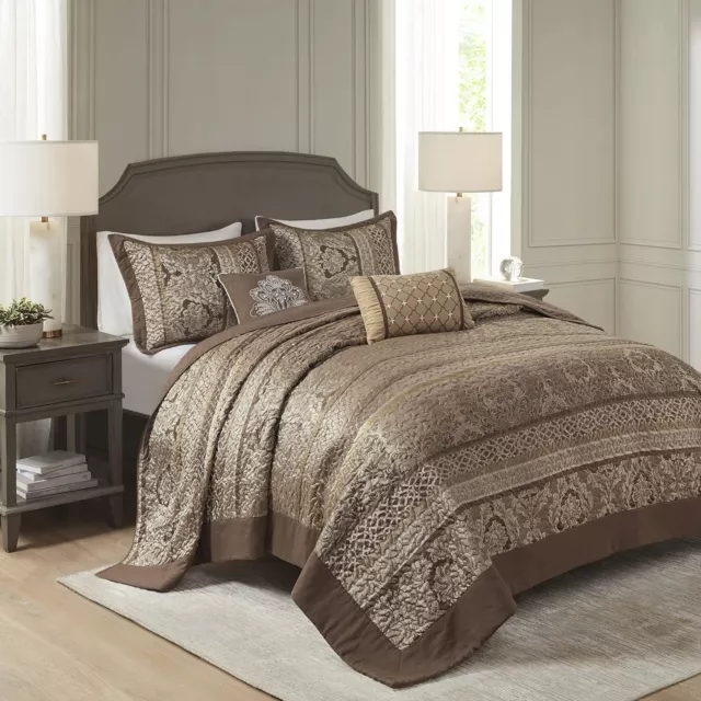 Luxury 5pc Brown & Gold Jacquard Bedspread Set AND Decorative Pillows, Queen*