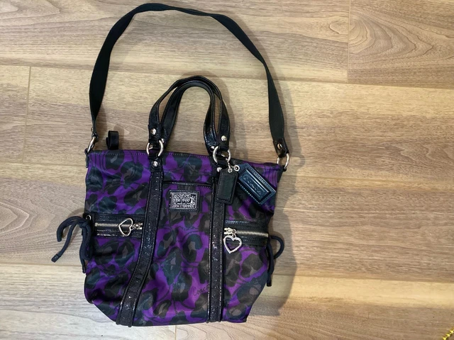 Black & Purple 2013 COACH poppy Daisy Ocelot Shoulder Handbag Tote Purse