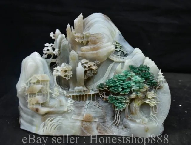 9.6" Chinese Natural Dushan Jade Carved Mountain Tree Figure Cattle Statue