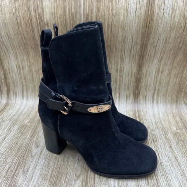 Tory Burch Robynne Women's Size 7 M Black Suede Heel Boots Gold Buckle Shoes