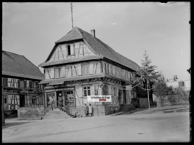 Plaque verre photo ancienne négatif noir et blanc 13x18 cm village Alsace maison