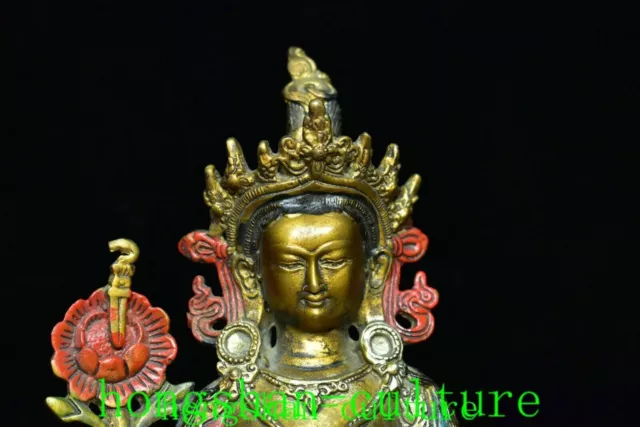 5.9" Tibet Népal Bronze Peinture Vert Tara Mahayana Bouddhisme Déesse Statue 2