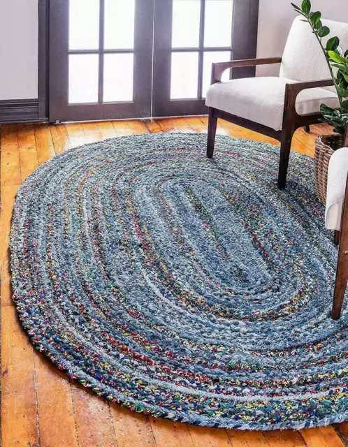 Oval Rug 100% Natural Denim Cotton Area carpet rustic look modern Living rug