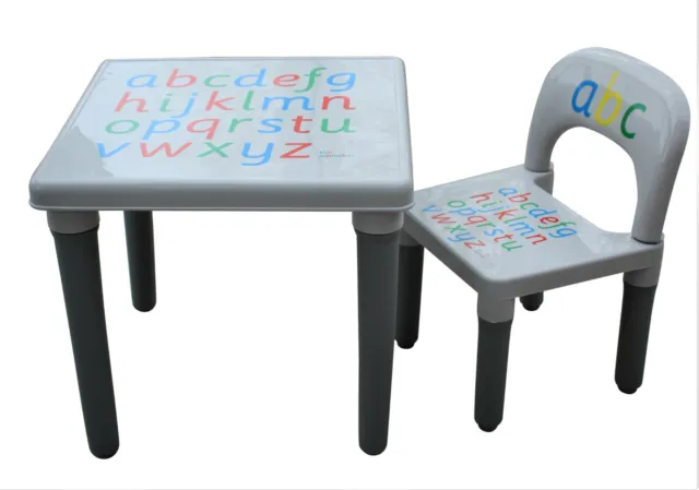 Kids Table and Chair Set Grey ABC Alphabet Childrens  - Toddlers Childs