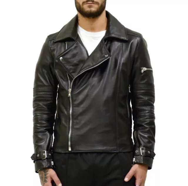 Giacca Chiodo Uomo Vera Pelle Nero Giubbotto Moto Giubbino Slim VIETRI LEATHER