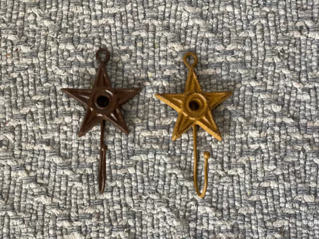 Cast Iron Metal Brown/Gold Star Hat Robe Small Hooks 4" x 2" Lot of 2