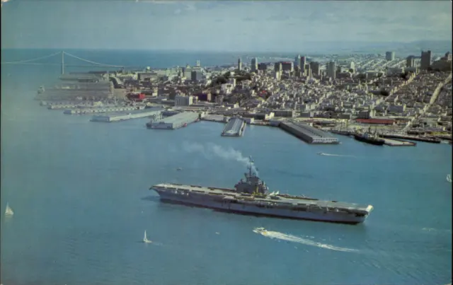 San Francisco and Bay California ~ Navy Aircraft Carrier ~ aerial view postcard